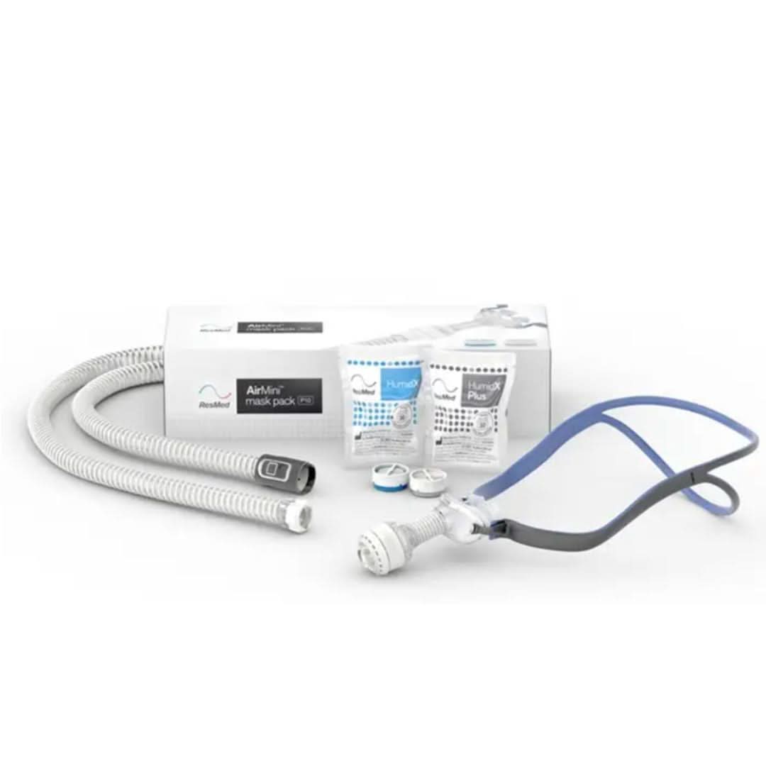 The ResMed AirFit™ P10 for AirMini™ mask pack includes an AirFit P10 for AirMini nasal pillows CPAP mask, P10 connector, air tubing and waterless humidification.