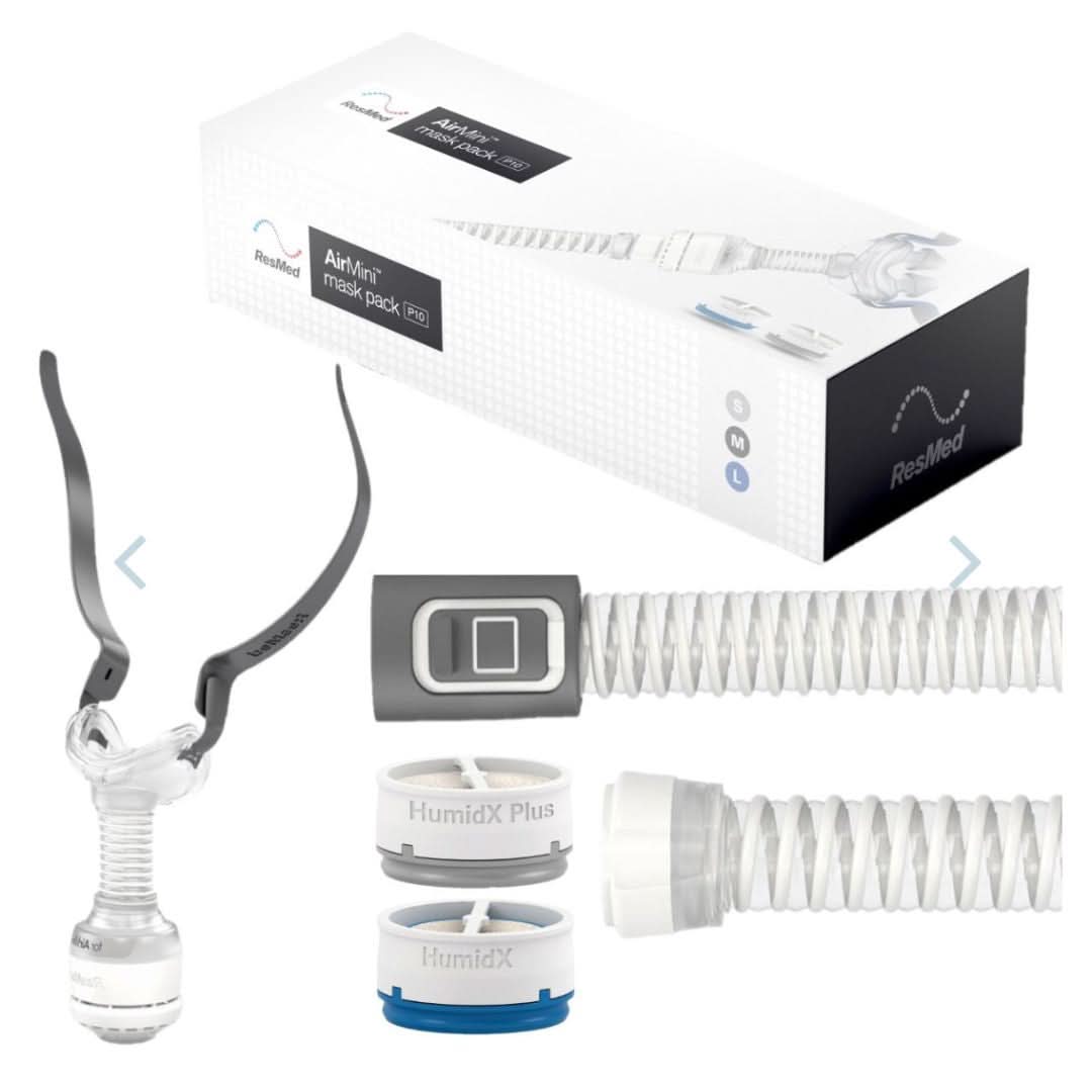 The ResMed AirFit™ P10 for AirMini™ mask pack includes an AirFit P10 for AirMini nasal pillows CPAP mask, P10 connector, air tubing and waterless humidification.