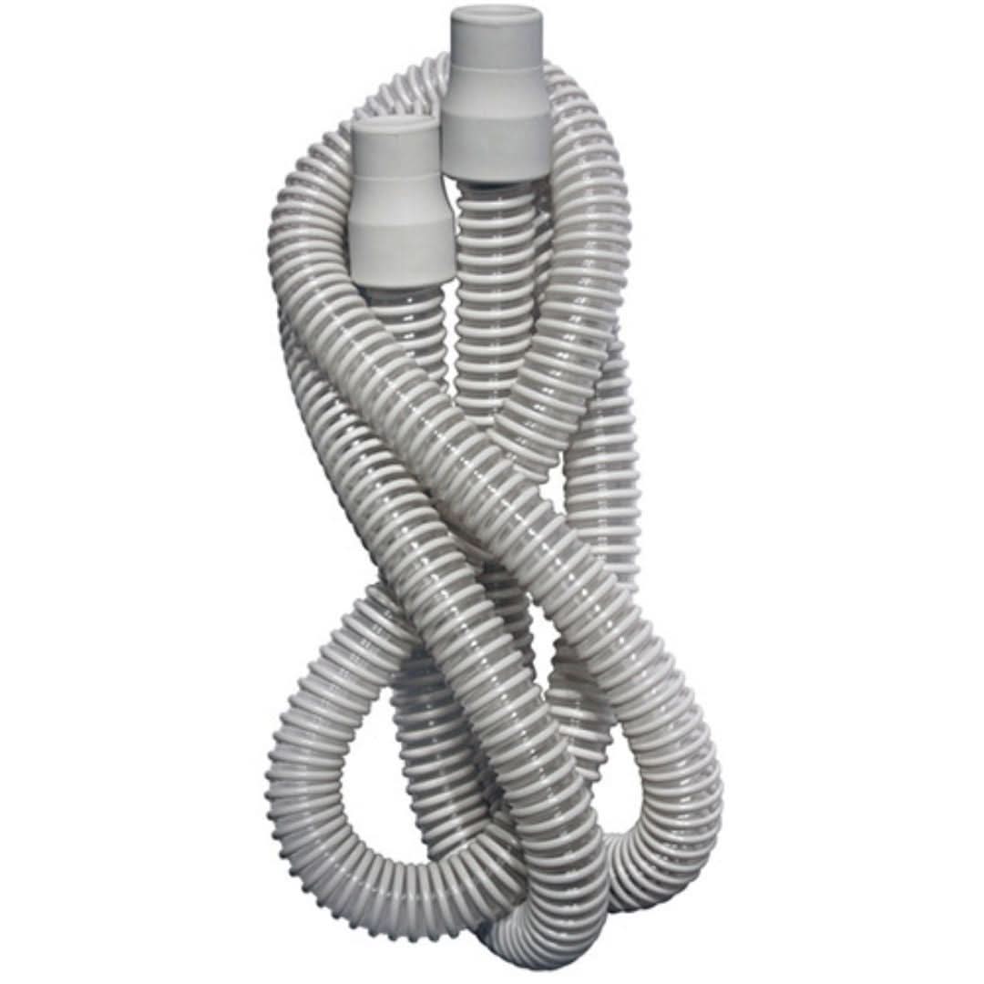  Close-up image of TUB006, a flexible, 6-foot CPAP tubing designed for sleep therapy, showcasing its durable construction and secure connectors.