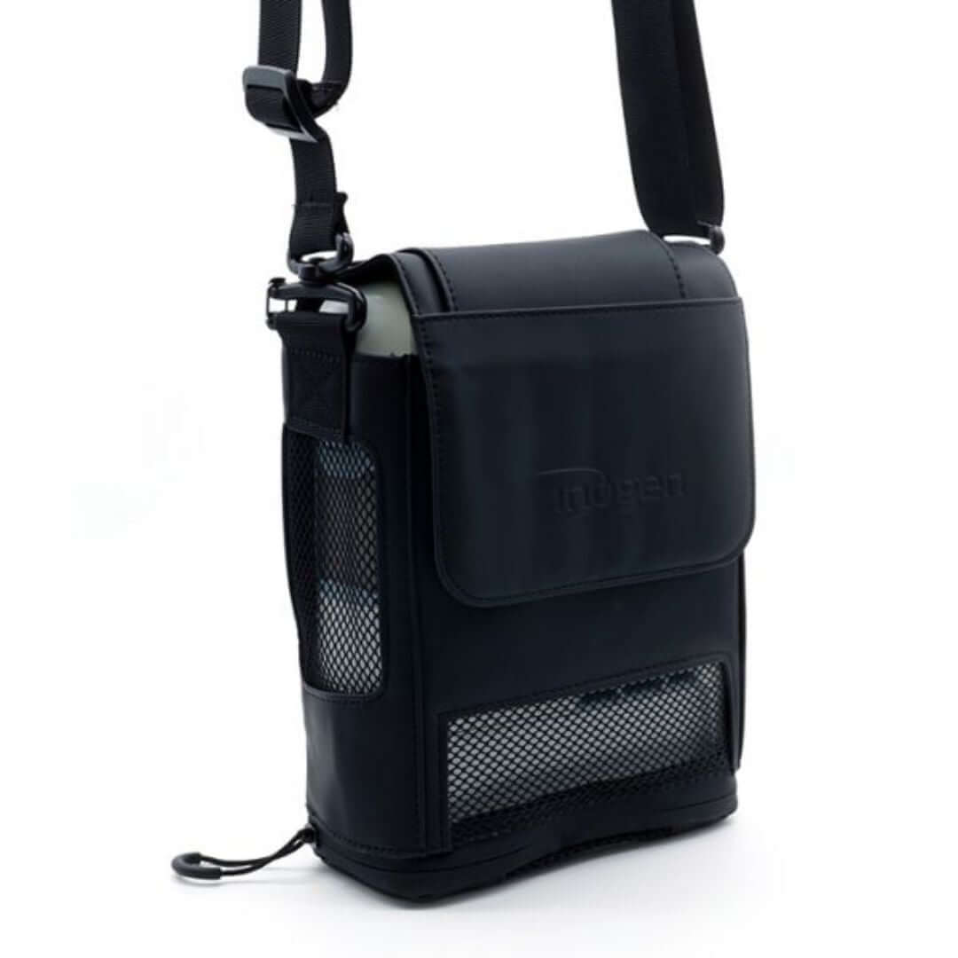 Inogen One G5 Carry Bag in black, designed for portable oxygen concentrator, made of durable, weather-resistant polyester material.