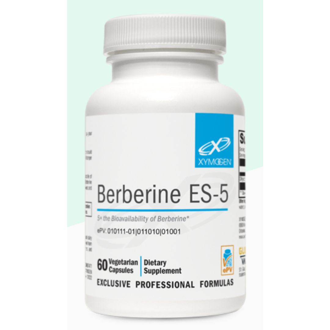 "Bottle of Berberine ES-5 60 Capsules by XYMOGEN, featuring dihydroberberine for enhanced blood glucose metabolism and overall metabolic health.