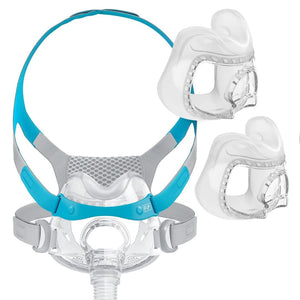 Fisher & Paykel Evora Full Face CPAP Mask FitPack with headgear displaying Extra Small, Small-Medium, and Large full face cushions for CPAP sleep apnea therapy