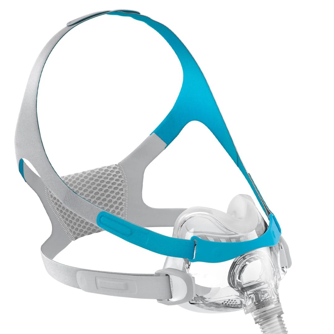 Angled side view of the Fisher & Paykel Evora Full Face CPAP Mask FitPack featuring an under-the-nose cushion, breathable VentiCool headgear, and compact full face design for sleep apnea therapy