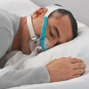 Person sleeping on their side wearing the Fisher & Paykel Evora Full Face CPAP Mask with headgear, demonstrating the compact under-the-nose design and comfortable fit for sleep apnea therapy
