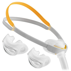 Fisher & Paykel F&P Solo Nasal Pillow CPAP Mask FitPack featuring AutoFit headgear and interchangeable Small, Medium, and Large nasal pillow cushions for sleep apnea therapy.