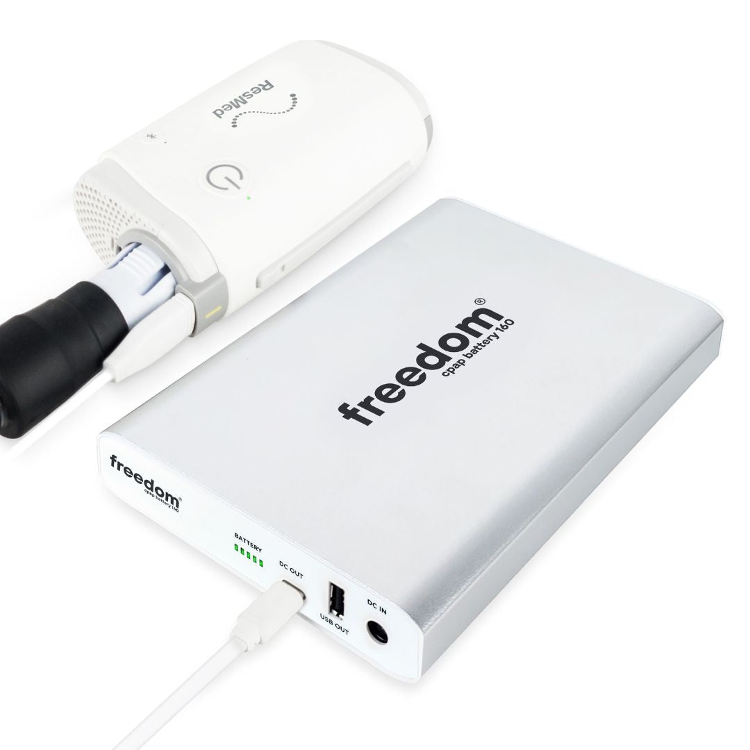 Freedom CPAP Battery 160 Kit, a compact and portable power source for CPAP and BiPAP devices, ensuring up to 51 hours of run time on a single charge. Includes 12V/24V cables, a power supply, and a USB port for charging small electronics.