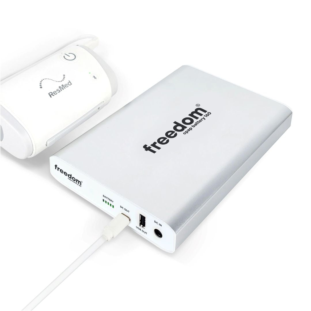 Freedom V2 CPAP Battery Kit - Portable and lightweight battery designed for CPAP machines, providing 2-3 nights of power. Ideal for travel, camping, and as a backup during power outages. Includes smart cables, wall power supply, and a digital display for easy monitoring.