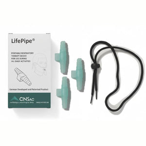 LifePipe COPD breathing accessory with mouthpieces and neck strap