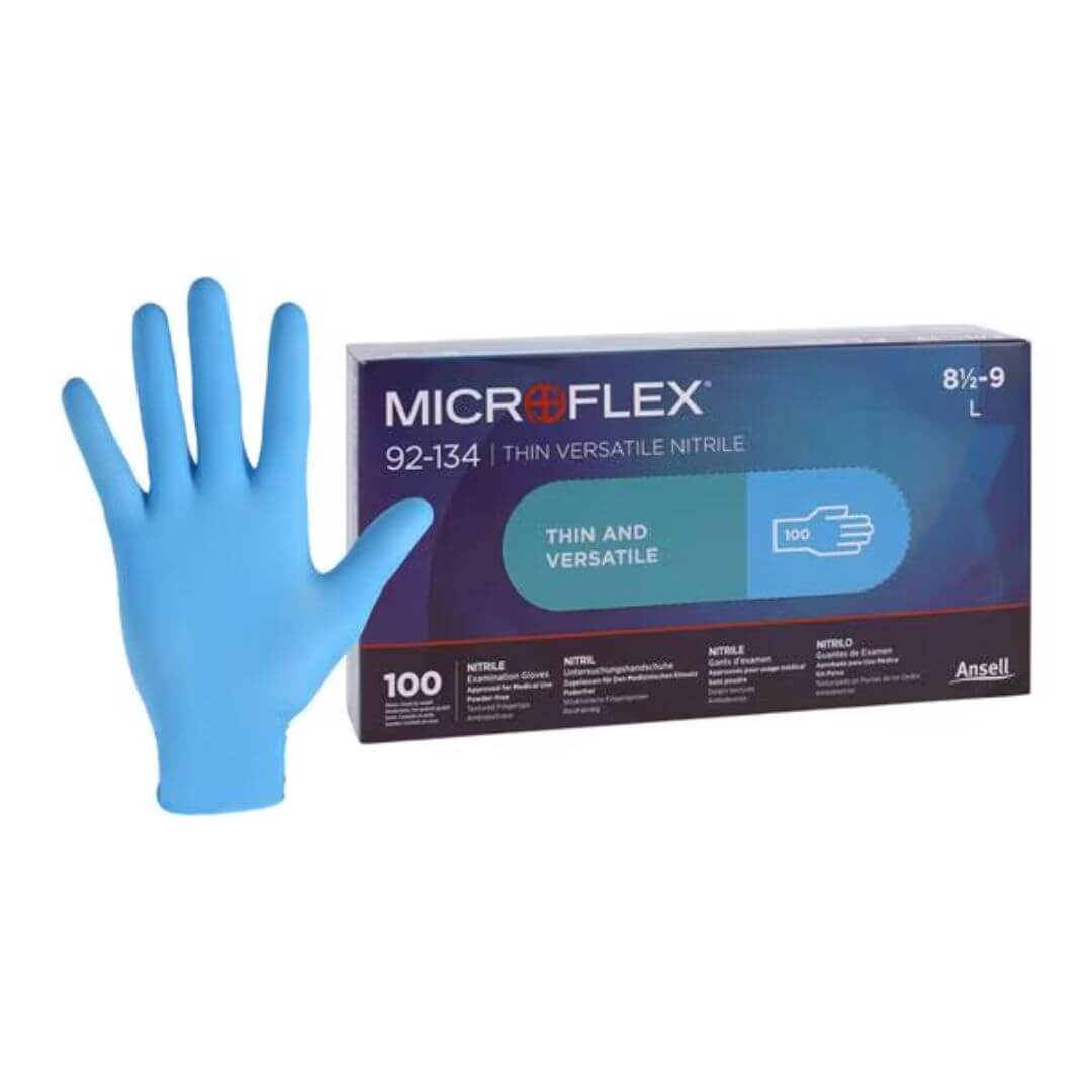 Microflex 92-134 Nitrile Exam Gloves Light Blue Box and Glove, 100 Gloves per box