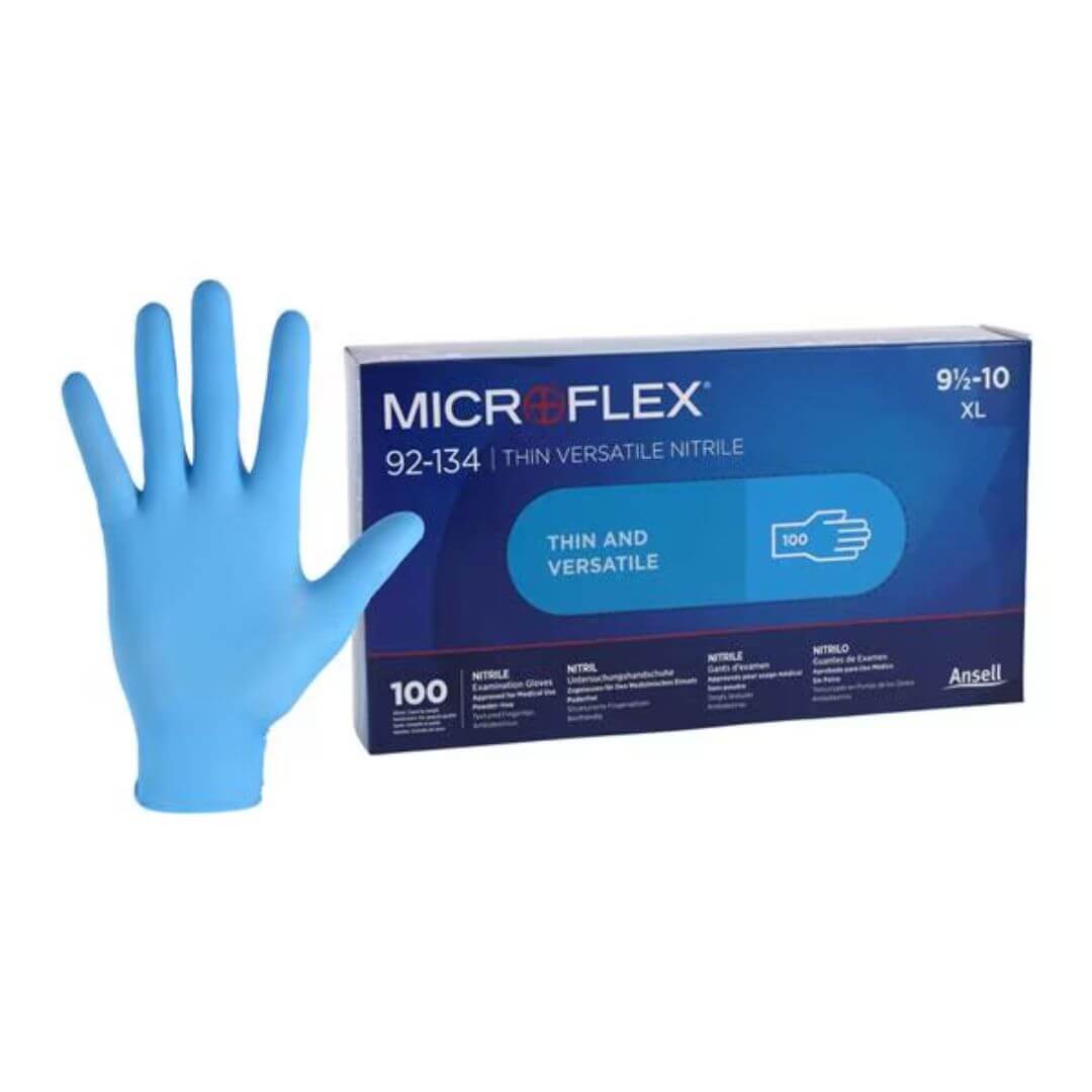 Microflex 92-134 Nitrile Exam Gloves Light Blue, Box of 100 Non-Sterile Gloves, Chlorinated, Not Made With Natural Rubber Latex