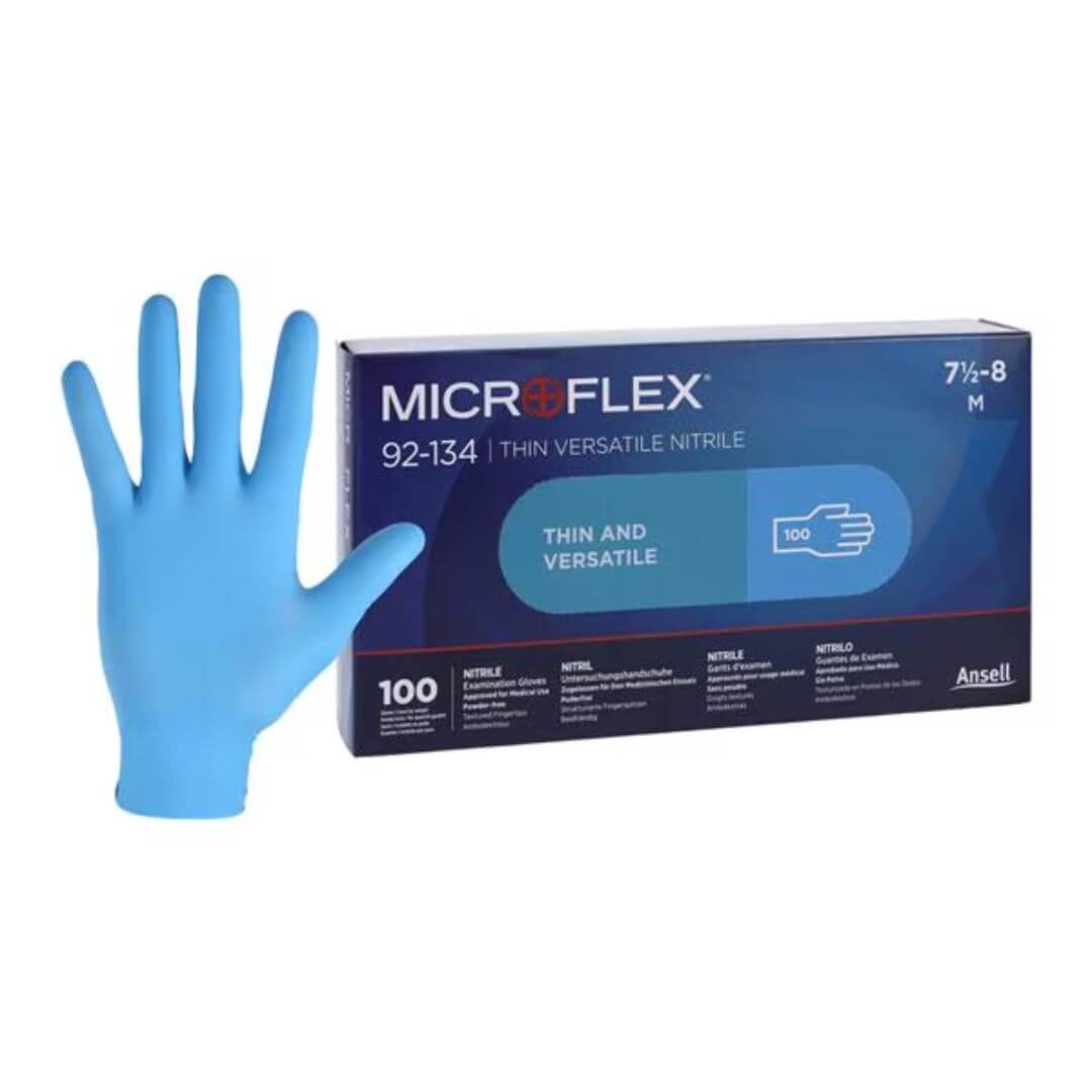 Microflex 92-134 nitrile exam gloves, light blue, non-sterile, 100 count box, latex-free, chlorinated material, thin and versatile