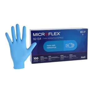 Microflex 92-134 nitrile exam gloves in light blue, shown with a single glove and a box of 100 gloves, non-sterile and latex-free.