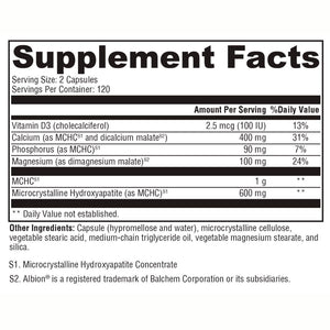 Supplement facts label with detailed nutritional information on a white background for Ossopan MD™ Bone Health Supplement – Supports Bone Strength & Metabolism with MCHC Complex