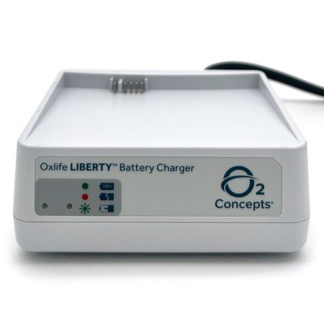 Oxlife LIBERTY battery charger with O2 Concepts logo on a white background