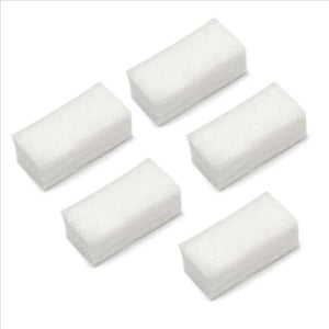 Rhythm P2, P2-E6, and P2-E7 cotton intake air filters (5-pack, SKU P2FC-1) for portable oxygen concentrators. White fibrous filters trap dust and debris to protect device performance.