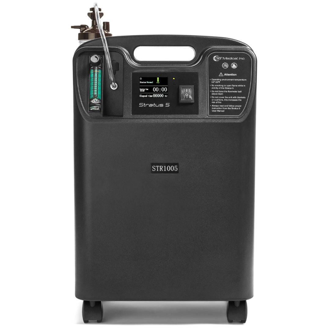 Stratus 5L Stationary Oxygen Concentrator – 5L/min continuous flow oxygen therapy device for home use.