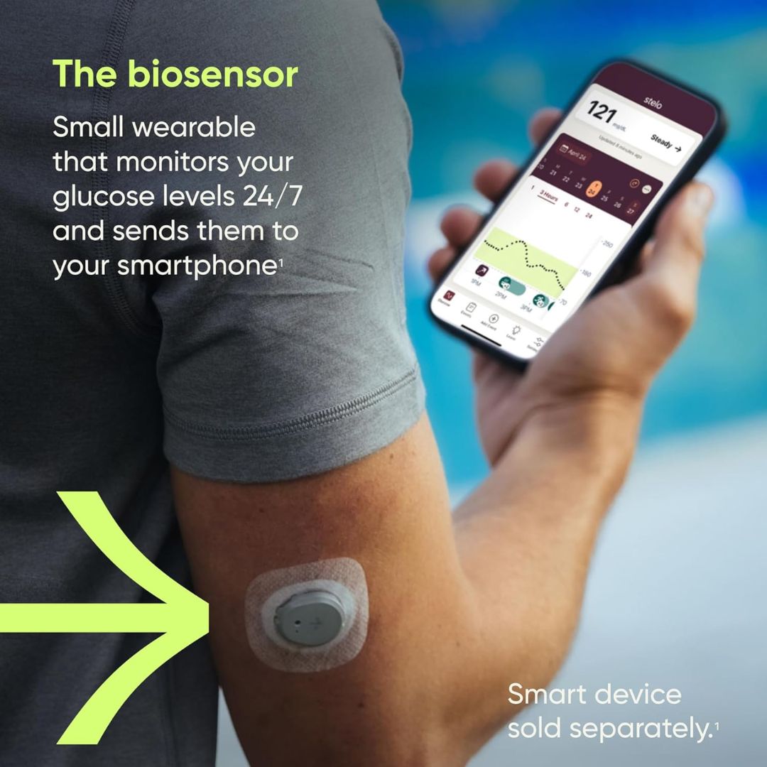 Person with biosensor on arm and smartphone displaying glucose monitoring app, with text describing the biosensor.