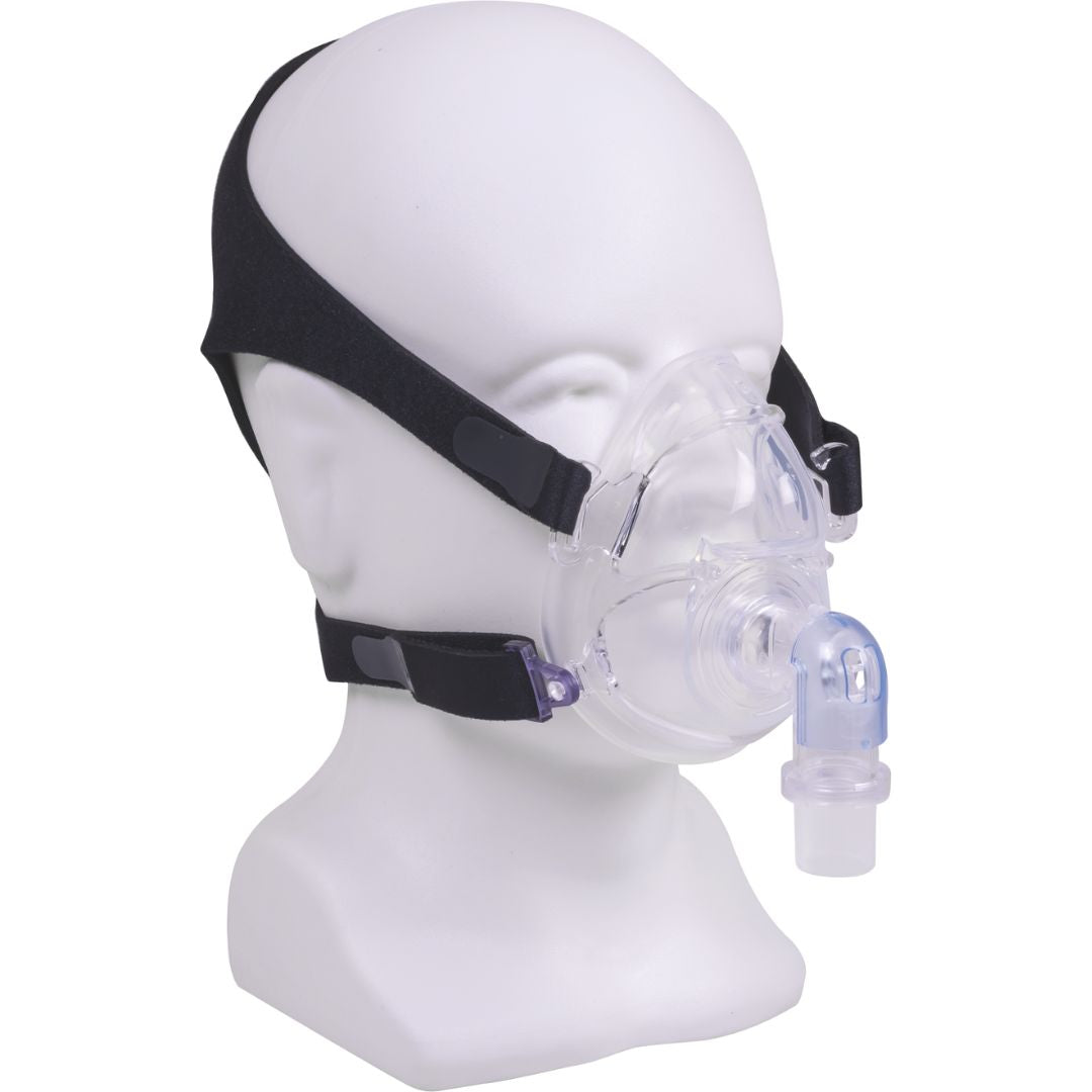 Roscoe Zzz-Mask Full Face CPAP Mask with Comfort Cushion - Lightweight silicone mask with dual 360° swivel ports, headgear, air vent holes, and quick release clips for easy removal and cleaning.